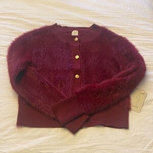 Joie Burgundy Fuzzy Cardigan with Gold Buttons